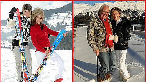 Kitzbühel-Anhänger: Sonja Kiefer (l.) und Gitta Saxx posieren beim Skiurlaub. Rechts daneben: TV-Ärztin Antje-Katrin Kühnemann und ihr Ehemann Jörg Gühring. Sie sind seit über 40 Jahren St. Moritz treu.