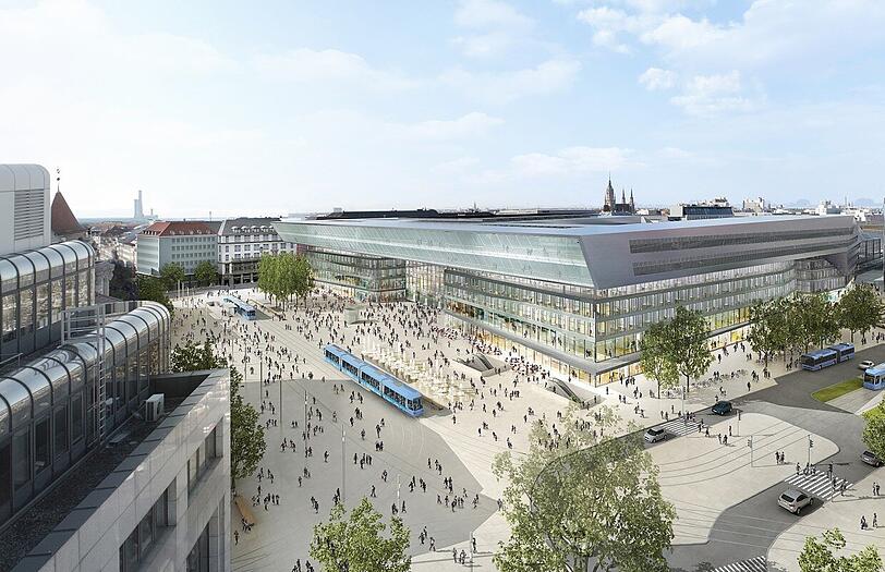 Die Empfangshalle mit neu gestaltetem Vorplatz - Blick vom Elisenhof