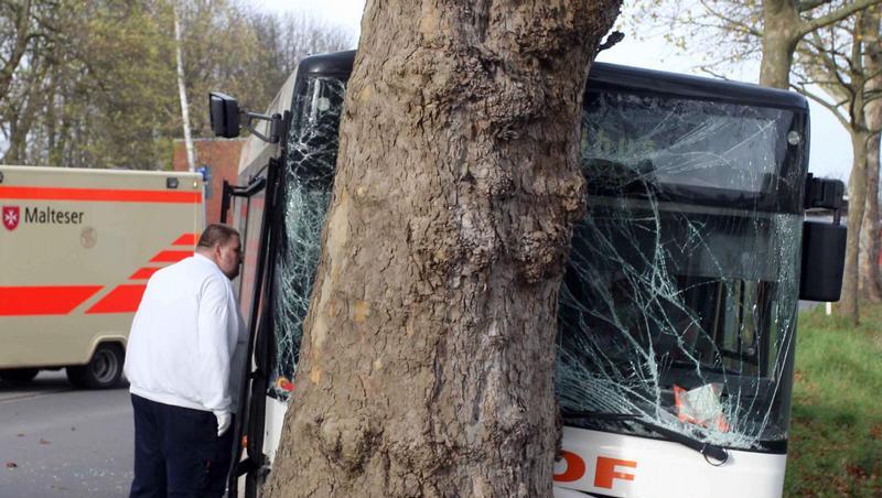 Der verunglückte Bus an einer Straße in Jülich. Der verunglückte Bus an einer Straße in Jülich.