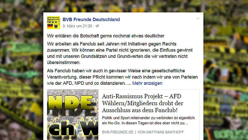 Der BVB-Fanclub "BVB Freunde Deutschland" will unter anderem AfD-Sympathisanten ausschließen. Der BVB-Fanclub "BVB Freunde Deutschland" will unter anderem AfD-Sympathisanten ausschließen.