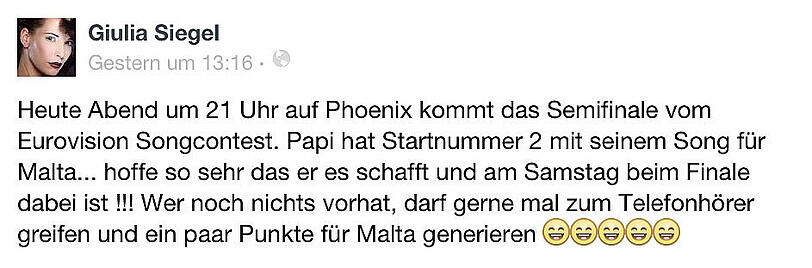 Auf Facebook startet Giulia einen Aufruf: Fans sollen für ihren Vater beim ESC anrufen. Für Malta. Ralph Siegel tritt aber für San Marino an...