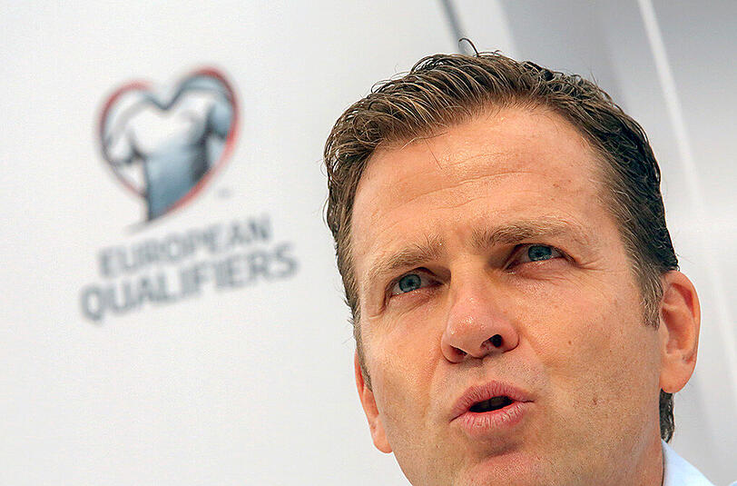 DFB-Teammanager Oliver Bierhoff bei der Pressekonferenz in Frankfurt/Main.