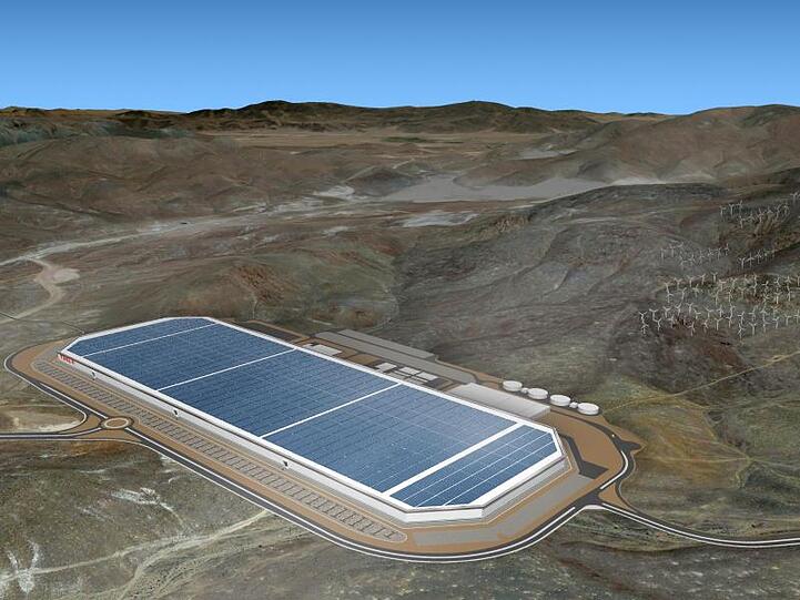 So könnte es einmal aussehen: Eine Computersimulation stellt den Endzustand der "Gigafactory" genannten Tesla-Batteriefabrik im US-Bundesstaat Nevada dar.