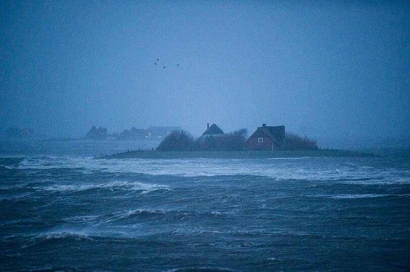 Häuser während «landunter» auf der nordfriesischen Hallig Langeneß (Schleswig-Holstein)
