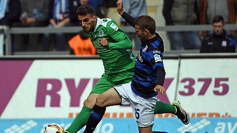 Hart umkämpftes Spiel zwischen FSV Frankfurt und dem TSV 1860 München. Valdet Rama (l.) hatte die Löwen in Führung gebracht.