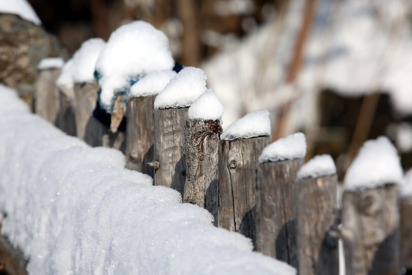 Hübsch: Schneehäubchen auf dem Lattenzaun am Bayerwaldhaus.