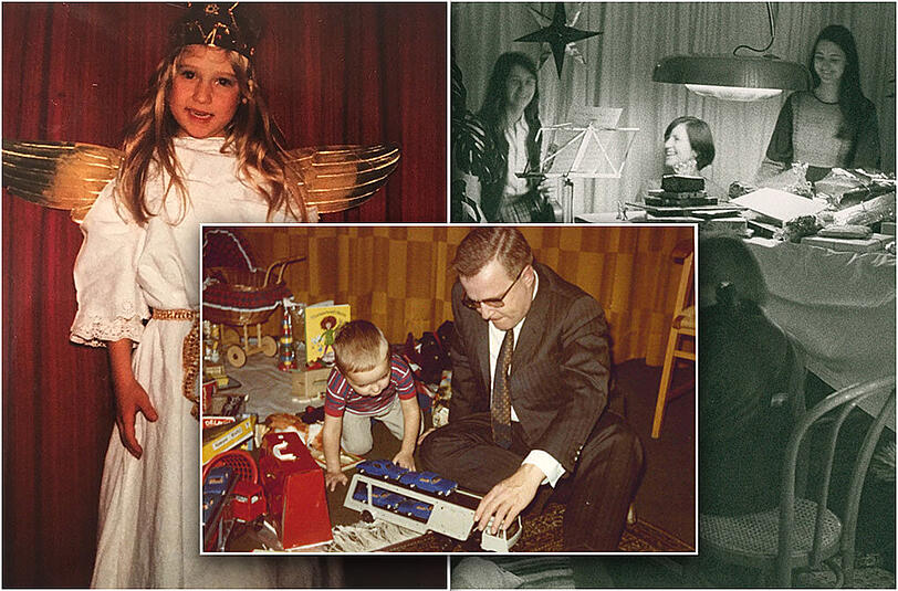 Weihnachten bei den AZ-Reportern: Links: Kimberly Hoppe (5) als Engerl. Rechts: Musizieren an Heiligabend bei den Jobs. Mitte: Das erste Bescherungs-Farbfoto aus dem Müller&rsquo;schen Familienalbum.
