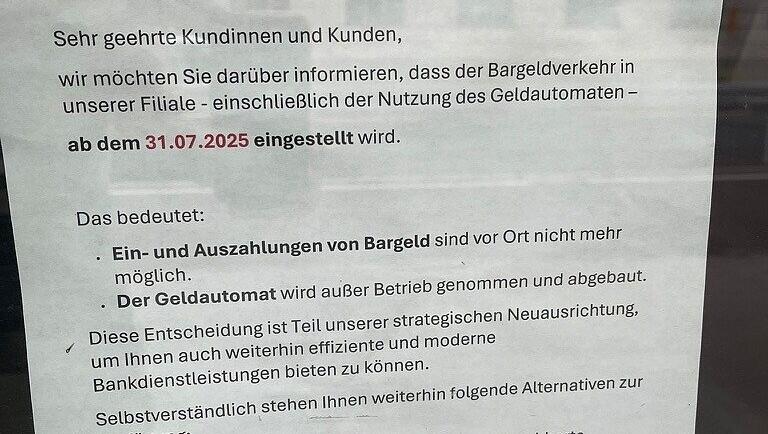 Einstellung des Bargeldverkehrs: dieser Aushang hängt jetzt in Oberbank-Filialen. Einstellung des Bargeldverkehrs: dieser Aushang hängt jetzt in Oberbank-Filialen.