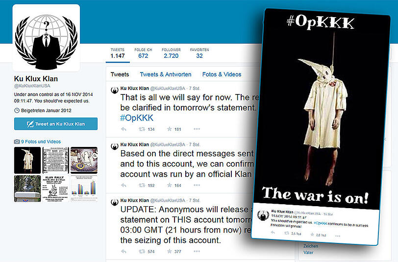 In der Hand von Anonymous: Ein Screenshot des KKK-Twitter-Accounts vom 17.11.2014.