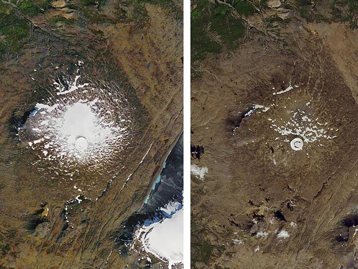 Links: Luftaufnahme des damals noch existierenden Okjökull-Gletschers aus dem Jahr 1986. Rechts: Vom geschrumpften Gletscher ist im August 2019 nur ein kleiner Fleck aus Eis übrig.