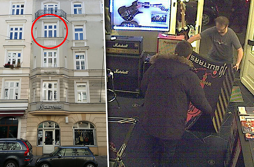 Aus diesem Fenster in der Pariserstraße wäre das Kind beinahe zehn Meter in die Tiefe gestürzt. Rechts: Der Besitzer eines Gitarrenladens wollte den Sturz mit einem Teppich abfangen.