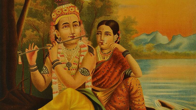 Krishna spielt f&uuml;r seine Freundin Radha die Fl&ouml;te - bet&ouml;rend.