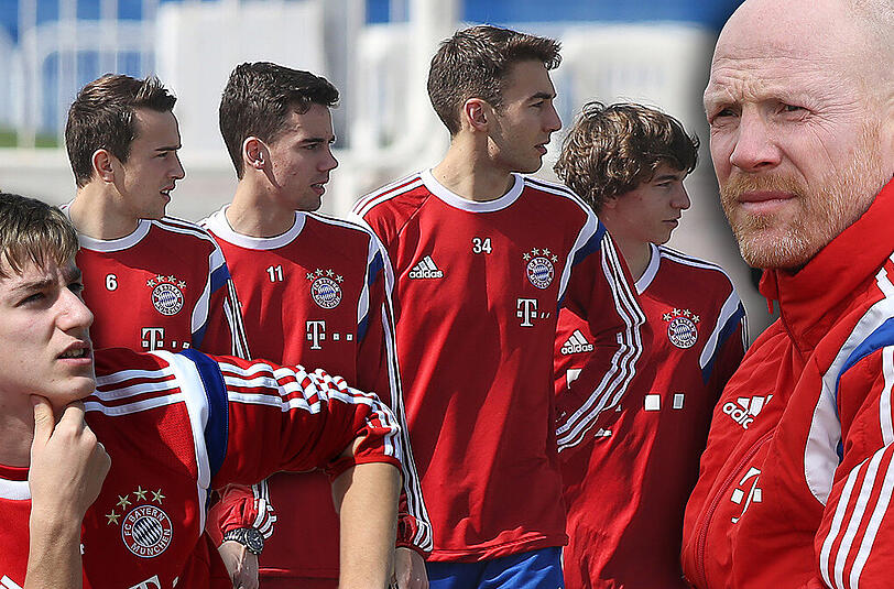 Matthias Sammer hat auch ein Auge auf die Youngster im Trainingslager: (v.l.) Sinan Kurt, Leopold Zingerle, Marco Hingerl, Michael Erbwein und Gianluca Gaudino.