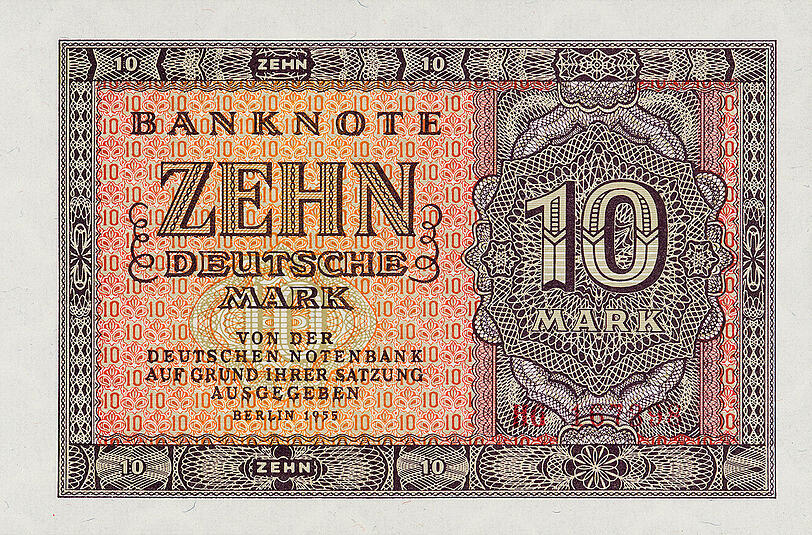 Eine Zehn-Mark-Banknote von 1955.