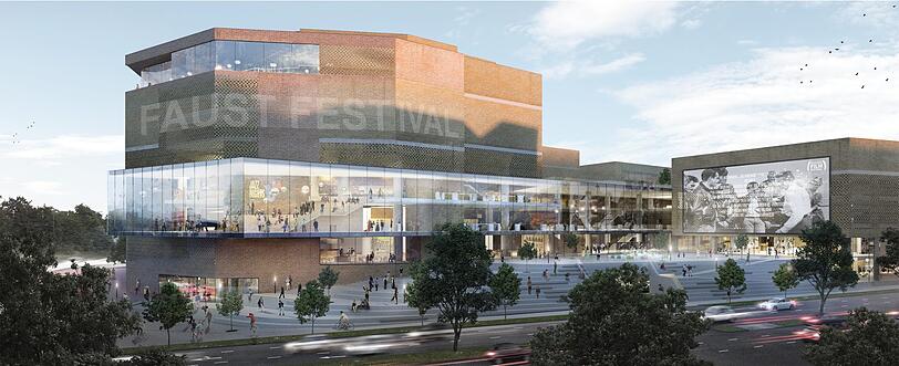 Der sanierte Gasteig nach der Vorstellung von Henn Architekten: Die Visualisierung gibt allerdings den Stand vom Mai wieder. Für die Schlussrunde des Wettbewerbs wurde der Entwurf modifiziert.
