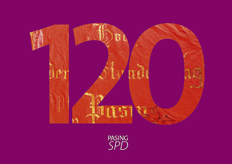 Cover der zur 120-Jahr-Feier der Pasinger SPD herausgegebenen Chronik: 
Die historische Fahne der SPD Pasing ist im Schriftzug zu erkennen