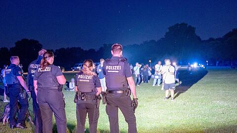 Einsatzkräfte der Polizei und Jugendliche stehen sich im Hamburger Stadtpark gegenüber.