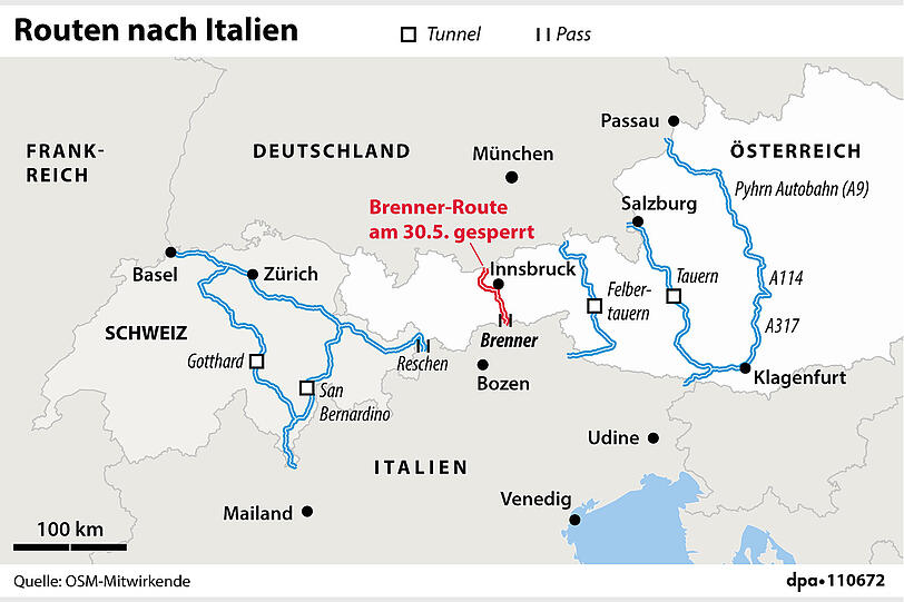 Die Routen über die Alpen nach Italien. Auch die Alternativwege nach Italien werden von Staus betroffen sein. Die Routen über die Alpen nach Italien. Auch die Alternativwege nach Italien werden von Staus betroffen sein.