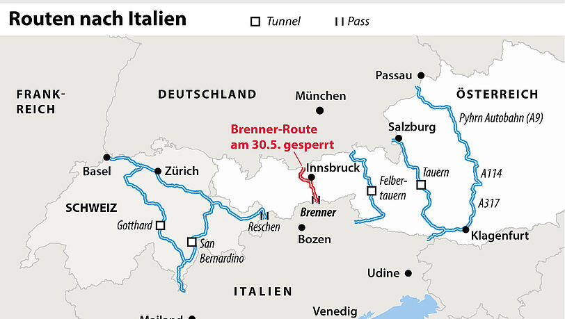 Die Routen über die Alpen nach Italien. Auch die Alternativwege nach Italien werden von Staus betroffen sein. Die Routen über die Alpen nach Italien. Auch die Alternativwege nach Italien werden von Staus betroffen sein.