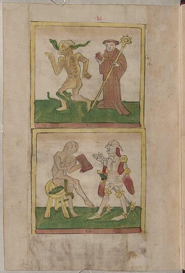 Im &bdquo;Totentanz&ldquo;, der vermutlich zwischen 1455 und 1465 in Süddeutschland entstand, findet sich ein bizarres Bild für das Sterben: Der personifizierte Tod fordert die Menschen zum Tanz auf, was ihren Tod bedeutet. Er holt die Menschen ohne Ansehen der Person, hier einen Abt und einen Ritter.