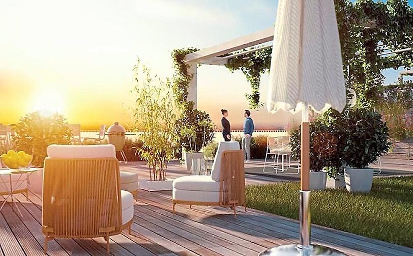 Pergola, Sitzmöbel, Grillplatz, viel grüner Bewuchs und weite Aussicht: So stellen sich die Planer die Dachterrassen für alle vor.