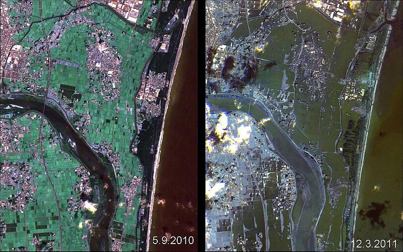 Das Satellitenbild zeigt den Nord-Osten Japans, ein halbes Jahr vor und einen Tag nach dem Beben.