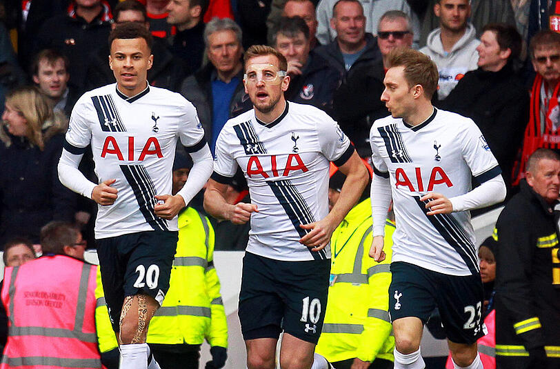 Platz 8: Tottenham Hotspurs - 40 Tore | Das Top-Tor-Trio der Tottenham Hotspurs auf einen Blick: Dele Alli (l.; 10 Tore), Harry Kane (m.; 224 Tore) und Christian Eriksen (r.; 6 Tore).