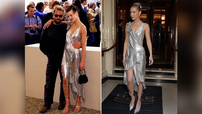 Im selben Kleid: Milla Jovovic 1997 (l.) und Bella Hadid in London.