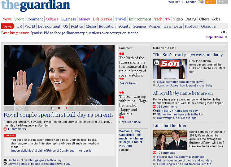 Der "Guardian" hatte während der Vorberichterstattung extra einen "Republikaner-Modus" ihrer Internetseite eingeführt (oben rechts). Hier konnten Menschen, denen der Baby-Troubel zu groß wurde, alle Nachrichten zur Geburt ausblenden. Die "normale" Startseite wird jedoch auch hier von Nachrichten zum royalen Nachwuchs dominiert. Man titelt: "Das königliche Paar verbringt seinen ersten ganzen Tag als Eltern".