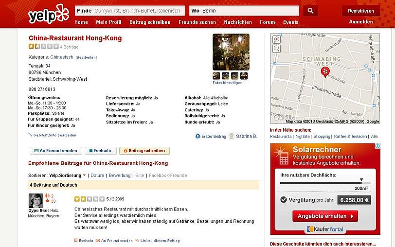 Wer das China Restaurant Hong Kong Internet sucht, stößt gleich auf Yelp und das obere Bild: eine miese Bewertung mit nur 1,5 Sternen.