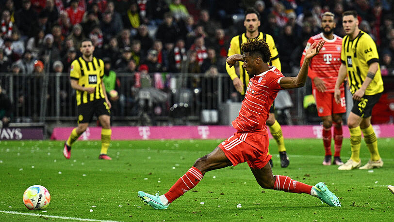 Das 4:0: Außenstürmer Kingsley Coman trifft in der 50. Minute im Clásico gegen Borussia Dortmund.