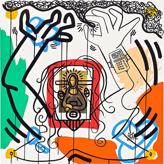 Nach der Party kam das große Erwachen. Keith Haring verarbeitet seine Todesängste 1988 gemeinsam mit dem Autor William S. Burroughs im Zyklus "Apocalypse". Und man sieht, auch die Mona Lisa bleibt nicht verschont. Hier die Tafel Nummer 6. Der Zyklus ist übrigens ein Neuzugang der Udo und Anette Brandhorst Sammlung.
