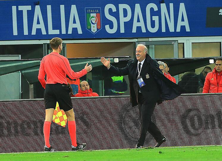 Alles halb so wild: Vincente Del Bosque nach dem Zusammenprall mit dem Linienrichter.