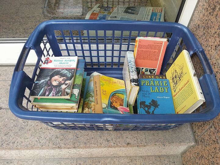 ...sondern nach Gratis-Büchern - und was für welchen. "Prärie Lady", "Bleib im Sattel, Gundi" und "Mit Pferden auf du". Da hat wohl eine Pferdenärrin alte Schinken ausgemistet.