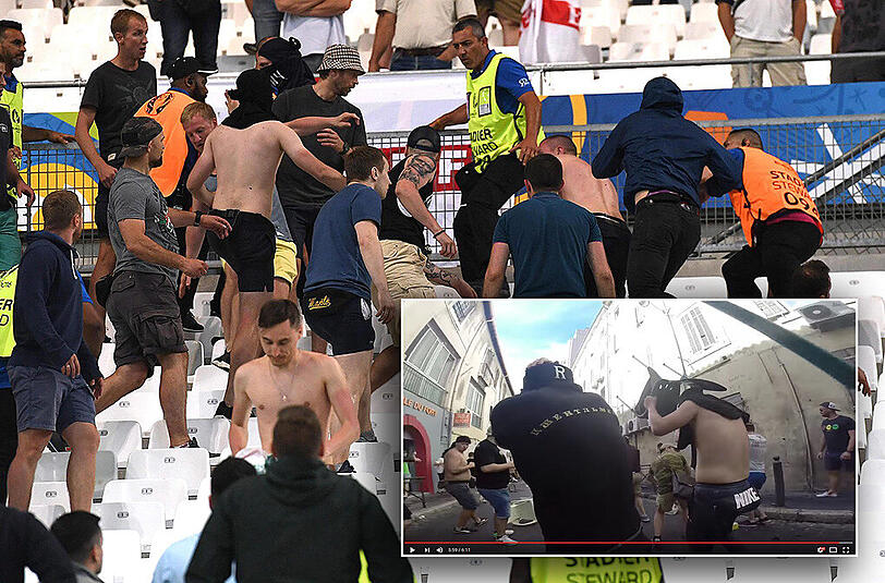 Bevor sie im Stadion für Chaos sorgten, filmten einige russische Hooligans die Schlägerei mit den englischen "Anhängern".