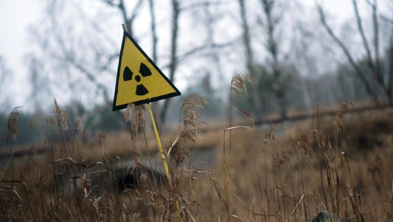 Ein Strahlenwarnzeichen steht in der Sperrzone um das explodierte Atomkraftwerk Tschernobyl auf einem Feld. Der vierte Block des sowjetischen Atomkraftwerks Tschernobyl war am 26. April 1986 bei einem missglückten Experiment explodiert.
