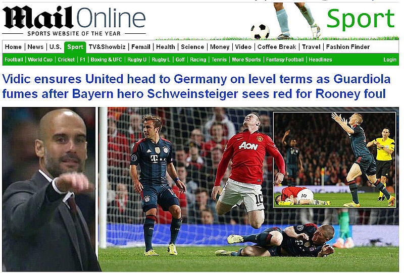 Die britische Daily Mail: Vidic sichert United die Führung über die Deutschen auf gleichem Level - Guardiola kocht, nachdem Bayern-Held Schweinsteiger Rot für Rooney-Foul sieht.