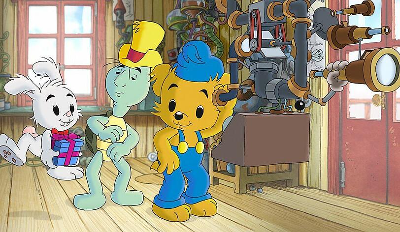 An Bamses Seite sind seine Freunde Hopser und Herr Schildkröte.