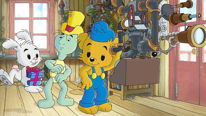 An Bamses Seite sind seine Freunde Hopser und Herr Schildkröte.