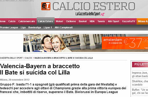 Italiens Fachblatt "La Gazetta dello Sport": Valencia und Bayern Arm in Arm (ins Achtelfinale). Bate begeht Selbstmord gegen Lille".
