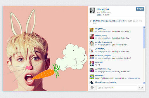 Das sind aber nicht ihre echten Lauscher: Miley "Osterhäschen" Cyrus grüßte ihre Fans auf Instagram.