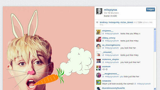Das sind aber nicht ihre echten Lauscher: Miley "Osterhäschen" Cyrus grüßte ihre Fans auf Instagram. Das sind aber nicht ihre echten Lauscher: Miley "Osterhäschen" Cyrus grüßte ihre Fans auf Instagram.