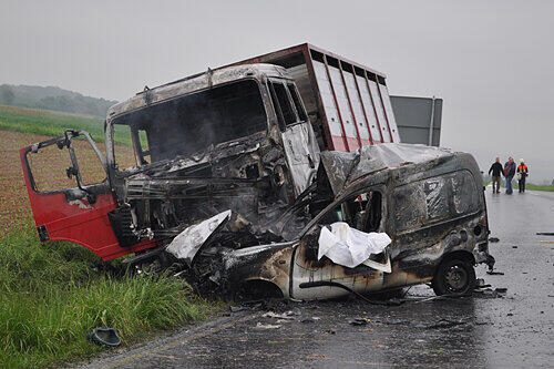 Der Renault krachte auf der Gegenfahrbahn mit einem Viehtransporter zusammen und fing sofort Feuer. Der Fahrer verbrannte.