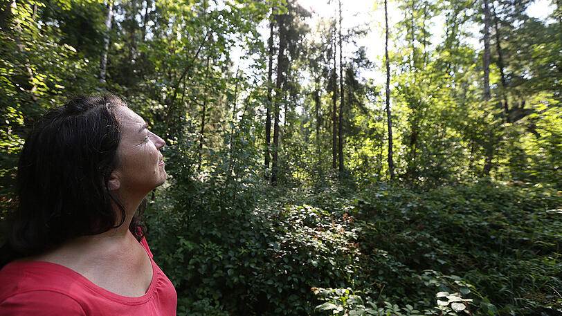 Gertrud Fassnacht vor den wunderschönen Lichtspielen der Bäume im &bdquo;Raum der Klarheit&ldquo;.