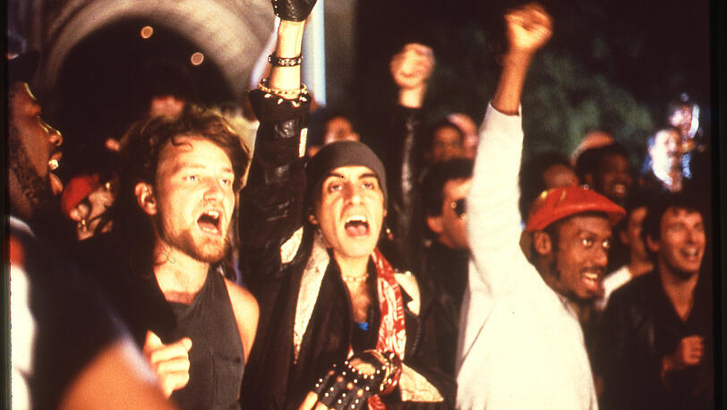 Stevie Van Zandt (Mitte) mit Bono (links) und Jimmy Cliff 1985 beim "Sun City"-Protestprojekt.