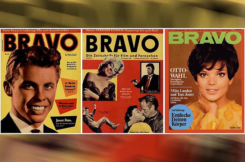 Für Millionen Teenager war sie der Inbegriff der Jugend: Titel der Bravo von 1959 mit Peter Kraus (von li. ), die erste "Bravo" vom 26. August 1956 und vom 20. Januar 1969 mit Uschi Glas.
