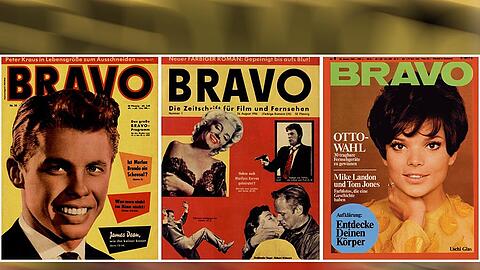 Für Millionen Teenager war sie der Inbegriff der Jugend: Titel der Bravo von 1959 mit Peter Kraus (von li. ), die erste "Bravo" vom 26. August 1956 und vom 20. Januar 1969 mit Uschi Glas.