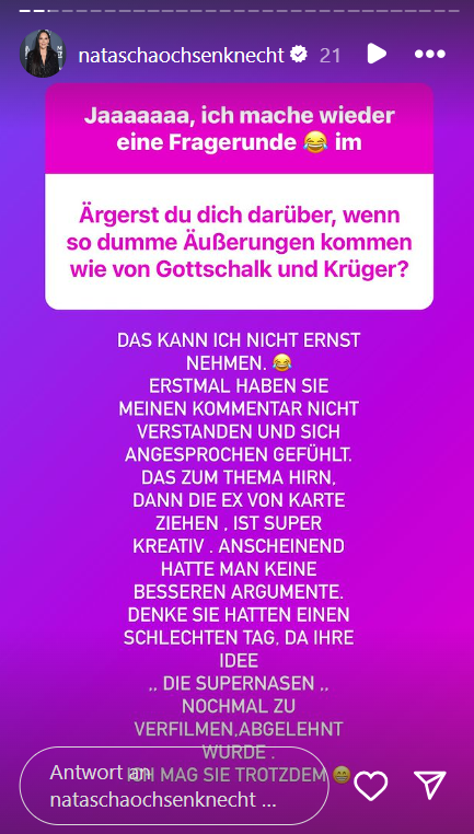 Natascha Ochsenknecht äußert sich via Instagram zu Sticheleien von Thomas Gottschalk und Mike Krüger. Natascha Ochsenknecht äußert sich via Instagram zu Sticheleien von Thomas Gottschalk und Mike Krüger.