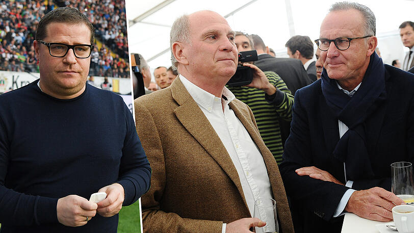 Bleibt bei Borussia Mönchengladbach: Manager Max Eberl (l). Die Bayern-Entscheider Hoeneß und Rummenigge (r) müssen sich eine andere Lösung einfallen lassen.