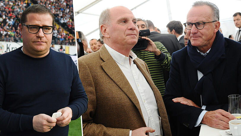 Bleibt bei Borussia Mönchengladbach: Manager Max Eberl (l). Die Bayern-Entscheider Hoeneß und Rummenigge (r) müssen sich eine andere Lösung einfallen lassen. Bleibt bei Borussia Mönchengladbach: Manager Max Eberl (l). Die Bayern-Entscheider Hoeneß und Rummenigge (r) müssen sich eine andere Lösung einfallen lassen.